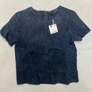 Zara Basic Faux Suede Top Women's S Dark Navy Short Sleeve Blouse NEW
